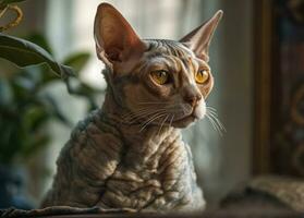 Devon rex cat portrait close up created with Generative AI technology photo