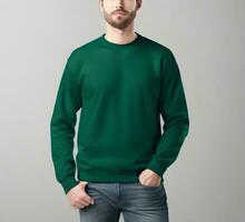 Young man wearing blank green sweater mockup print presentation mockup ai generate photo