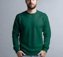 Young man wearing blank green sweater mockup print presentation mockup ai generate photo