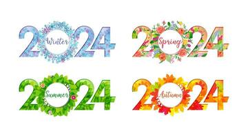 Set of creative number logos 2024. Happy New Year 2024 or happy winter, spring, summer and autumn seasons. Icon design. Seasonal decorations. Web banner concept. Decorative snowy or floral ideas vector