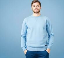 Young man wearing blank light blue sweater mockup print presentation mockup ai generate photo