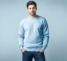 Young man wearing blank light blue sweater mockup print presentation mockup ai generate photo