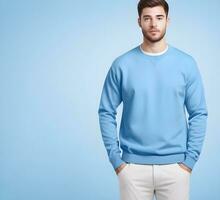 Young man wearing blank light blue sweater mockup print presentation mockup ai generate photo