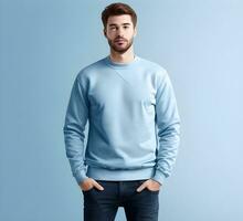 Young man wearing blank light blue sweater mockup print presentation mockup ai generate photo