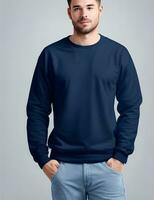 Young man wearing blank light navy sweater mockup print presentation mockup ai generate photo