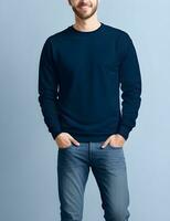 Young man wearing blank light navy sweater mockup print presentation mockup ai generate photo