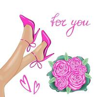 tarjeta postal con un niña en rosado Zapatos y un ramo de flores de rosado rosas.moda ilustración. vector diseño.