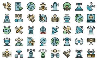 Satellite Internet icons set vector line color