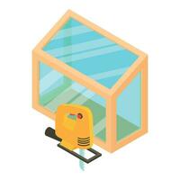 Woodworking icon isometric vector. Electric jigsaw near new panoramic window vector