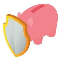 Financial saving icon isometric vector. Big pink piggy bank behind shield icon vector