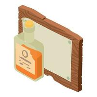 Bar sign icon isometric vector. Opened whiskey bottle and wooden bar signboard vector