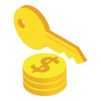 Housing investment icon isometric vector. Big key and stack of golden coin icon vector