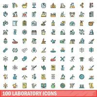 100 laboratory icons set, color line style vector