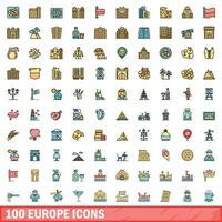 100 europe icons set, color line style vector