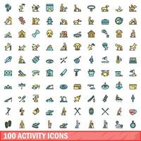 100 activity icons set, color line style vector