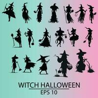 Sixteen Witch Silhouettes Celebrating Halloween Night vector