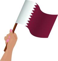 18th December Qatar National Day. hand holding waving Qatari flag. vector illustration design