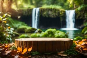 An Empty Rustic Wooden Product Display Podium In The Middle Of A Waterfall Forest Premade Photo Mockup Background