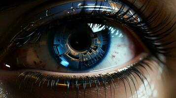un cerca ver de el alta tecnología ojo. de retina exploración para personal identificación. concepto de láser visión corrección, exploración y computadora visión foto