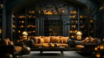 A room decorated for Halloween with candles and pumpkins with scary faces photo