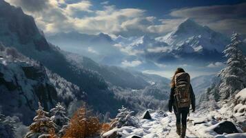 A tourist rock climber stands on the top of a snowy mountain. Rock climbing tourism concept photo