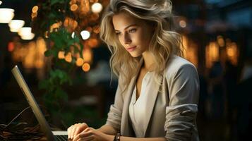 A beautiful businesswoman in a business suit works at a computer photo