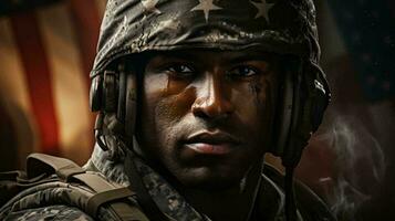 A man American soldier military marine stands against the background of the American flag as a symbol of independence. Face close-up photo