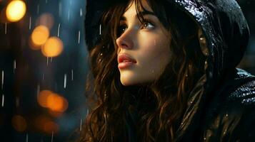 A beautiful pensive woman looks out the window at night during the rain and drops flow down the glass. Face of a sad girl close-up photo