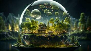 Glass dome with a city inside and green trees and plants. Concept of ecology and waste recycling and care for the environment photo