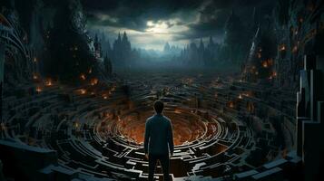 A man stands in a maze and thinks, view from the back. The concept of difficulty in making a decision photo