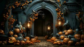 A door decorated for Halloween with decorations of pumpkins and candles photo
