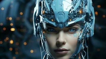 Beautiful cyborg robot woman futuristic high-tech mixture of human and computer. Synergy between humanity and artificial intelligence in the future photo