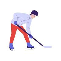 hombre jugar hockey en invierno estación. plano diseño ilustración vector