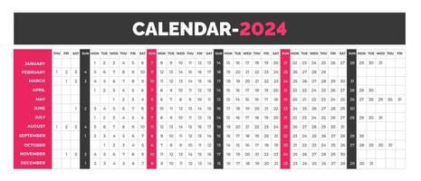 2024 linear calendar. Linear horizontal planner desktop calendar for 2024 year. corporate business Yearly calendar template. Annual schedule grid with 12 months. Horizontal, landscape orientation. vector
