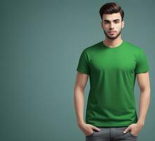 Young man wearing blank green t shirt mockup print presentation mockup ai generate photo