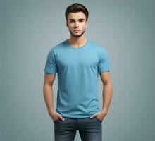 Young man wearing blank light blue t shirt mockup print presentation mockup ai generate photo