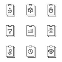 Set of signs for UI, adverts, books drawn in line style. Editable stroke. Icons of fire, chemical compound, paw, funnel, progress bar, medical cross, map, clock on clipboard vector