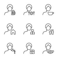 Vector line icon set for web sites, stores, banners, infographic. Signs of beer, plate, cup, house, heart, pipe, phone, fabric mask by faceless user