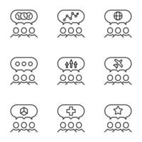 Set of signs for UI, adverts, books drawn in line style. Editable stroke. Icons of clock, progress, world, dots, arrow, plane, cube, cross, star over group of people vector