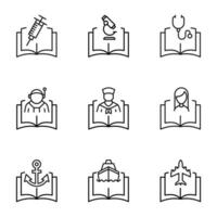 Set of signs for UI, adverts, books drawn in line style. Editable stroke. Icons of syringe, microscope, stethoscope, profession, anchor, ship, plane over book vector