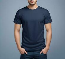 Young man wearing blank navy t shirt mockup print presentation mockup ai generate photo