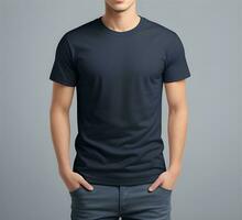 Young man wearing blank navy t shirt mockup print presentation mockup ai generate photo