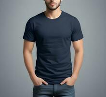 Young man wearing blank navy t shirt mockup print presentation mockup ai generate photo