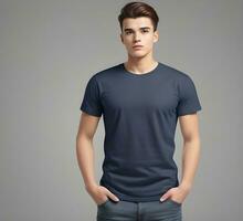 Young man wearing blank navy t shirt mockup print presentation mockup ai generate photo