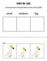 Sort cute cockatiel by size. Educational worksheet for kids. vector