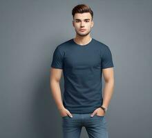 Young man wearing blank navy t shirt mockup print presentation mockup ai generate photo