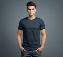 Young man wearing blank navy t shirt mockup print presentation mockup ai generate photo