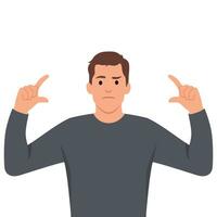 Young man raise hands arms asking how big it is with confused face. vector