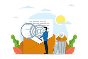 email scanning concept for cyber security, data protection or junk mail, online communication technology, protection, businessman scanning email with magnifying glass throwing junk mail into the trash vector