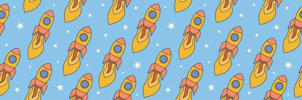 Children's space background. Seamless pattern with rockets and stars. Design of wallpaper, packaging, prints, fabrics, children's room, textiles and much more. Hand drawn illustration. Vector. vector